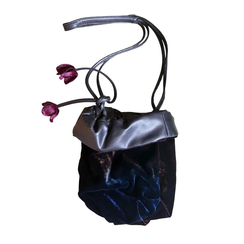 Italian Velvet Drawstring Pouch Bag Blue Burgundy Metallic Leather Floral Charm